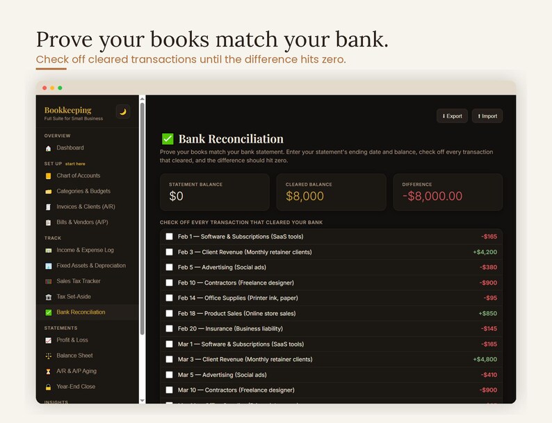 Bank reconciliation page to prove your books match your bank — check off cleared transactions until the difference hits zero. Interactive bank reconciliation and account matching workflow inside the small business bookkeeping template for freelancers and self-employed owners, accounting digital download, browser based, no app or subscription needed.