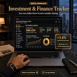 May include: A digital investment and finance tracker displayed on a laptop screen. The interface features a dark theme with gold accents, showing portfolio value, performance graphs, asset allocation charts, and a monthly return of 3.8 percent.