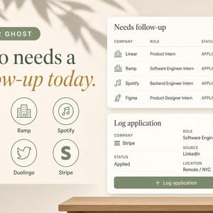 May include: A digital interface dashboard featuring the text NEVER GHOST and Who needs a follow-up today. It includes a list of job applications for companies like Linear, Ramp, Spotify, and Figma, with status updates and a log application button.