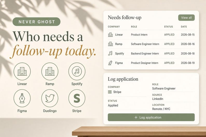 May include: A digital interface dashboard featuring the text NEVER GHOST and Who needs a follow-up today. It includes a list of job applications for companies like Linear, Ramp, Spotify, and Figma, with status updates and a log application button.