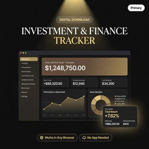 May include: A digital investment and finance tracker dashboard displayed on a dark background. The interface shows a total portfolio value of $1,248,750.00, gain/loss, dividend income, cash balance, performance charts, and asset allocation data.