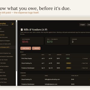 Bills and vendors accounts payable page — know what you owe before it's due, track bills by vendor with due dates, and mark a bill paid so the expense logs itself. Interactive accounts payable and vendor tracker inside the small business bookkeeping template for freelancers and side hustles, accounting digital download, browser based, no app needed.
