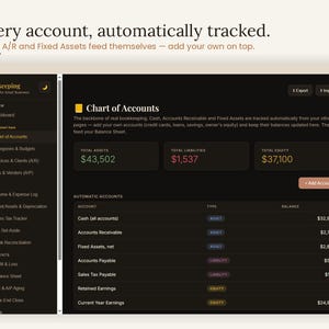 Chart of accounts in the interactive bookkeeping template — cash, accounts receivable, fixed assets, sales tax payable, retained earnings and current year earnings feed the balance sheet automatically. Small business accounting template with real double-entry structure without the spreadsheet work, bookkeeping digital download for freelancers and online sellers, browser based, no monthly fee.