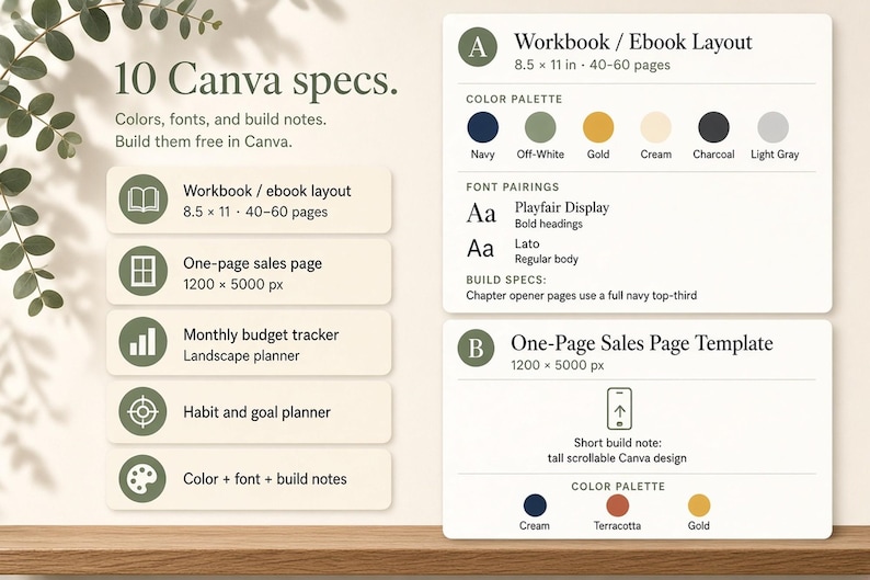 May include: A digital design guide titled 10 Canva specs featuring lists for a workbook, sales page, budget tracker, and habit planner. It includes color palettes, font pairings, and build notes with dimensions in inches and pixels for Canva.