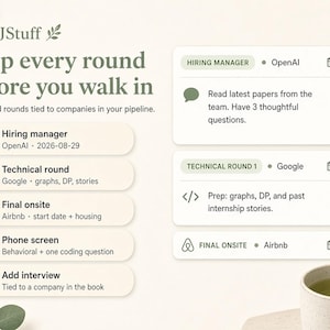 May include: A digital interface design titled JPJStuff featuring the text Prep every round before you walk in. It displays a list of interview stages including Hiring manager, Technical round, Final onsite, Phone screen, and Add interview with associated company names like OpenAI, Google, and Airbnb, alongside a cup of tea.