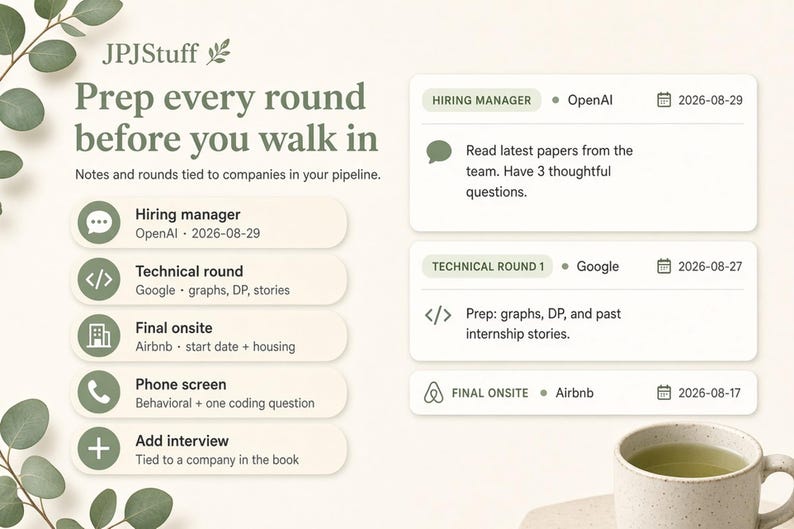 May include: A digital interface design titled JPJStuff featuring the text Prep every round before you walk in. It displays a list of interview stages including Hiring manager, Technical round, Final onsite, Phone screen, and Add interview with associated company names like OpenAI, Google, and Airbnb, alongside a cup of tea.