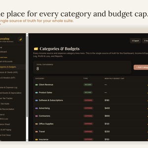 Categories and budgets page — one place for every income and expense category with budget caps, the single source of truth for the whole bookkeeping suite. Interactive small business accounting and expense categorization template for freelancers, contractors and side hustles to organize income and spending, bookkeeping digital download, browser based, no app needed.