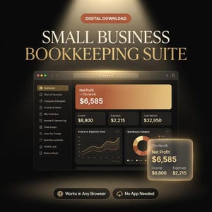 May include: A digital download of a small business bookkeeping suite featuring a dark-themed dashboard interface. The screen displays financial metrics including net profit, income, expenses, cash balance, a trend line graph, and a pie chart.