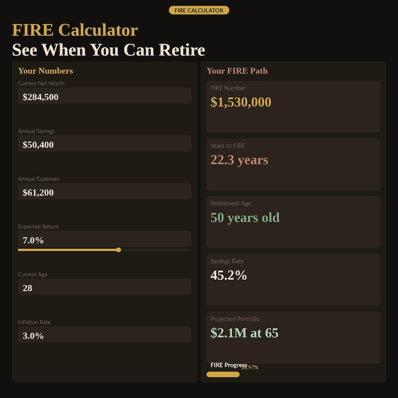 FIRE calculator showing when you can retire — enter current net worth, annual savings, annual expenses, expected return, current age and inflation rate to get your FIRE number, years to FIRE, retirement age, savings rate and projected portfolio. Interactive early retirement calculator browser tool, financial independence digital download.