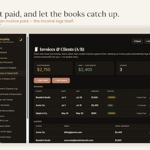 Invoices and clients accounts receivable page — track outstanding and paid invoices, and mark an invoice paid so the income transaction logs itself. Interactive invoice and client tracker inside the small business bookkeeping template for freelancers and service businesses to manage who owes you, accounting digital download, browser based, no subscription.