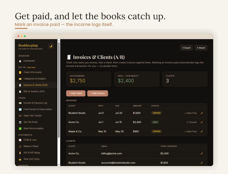 Invoices and clients accounts receivable page — track outstanding and paid invoices, and mark an invoice paid so the income transaction logs itself. Interactive invoice and client tracker inside the small business bookkeeping template for freelancers and service businesses to manage who owes you, accounting digital download, browser based, no subscription.