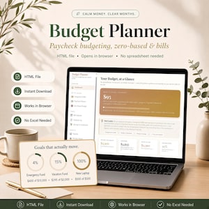 May include: A digital budget planner displayed on a laptop screen, featuring a dashboard with financial summaries, progress circles for savings goals, and text including "Calm Money. Clear Months." and "Budget Planner. Paycheck budgeting."