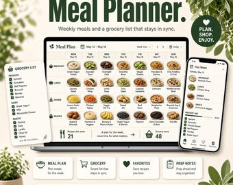Weekly Interactive Meal Planner Grocery Organizer Meal Prep Planner Recipe Nutrition Tracker Browser Tool No App Needed