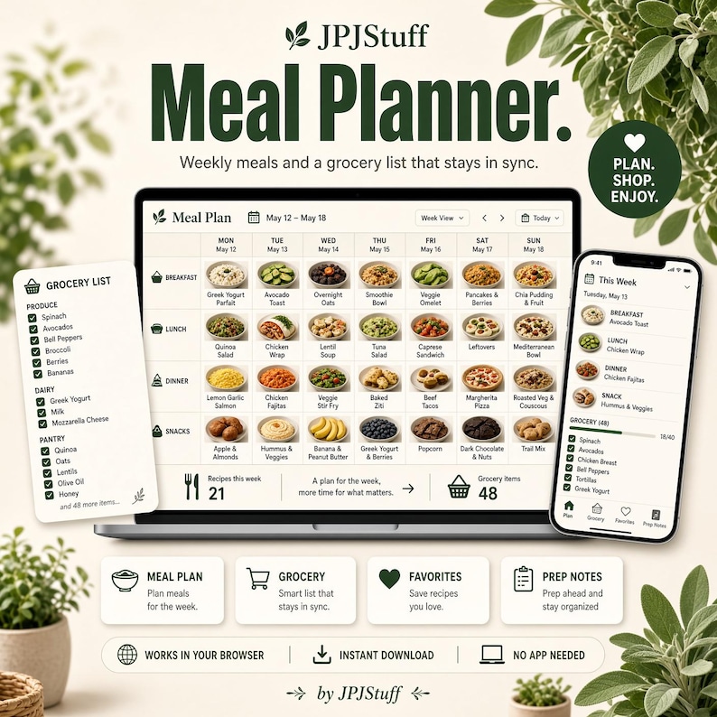 May include: A digital meal planner interface displayed on a laptop and smartphone, featuring a weekly calendar with food icons, a grocery list, and navigation buttons labeled Meal Plan, Grocery, Favorites, and Prep Notes by JPJStuff.