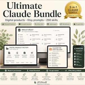 May include: A digital product bundle titled Ultimate Claude Bundle featuring a computer monitor, laptop, tablet, and smartphone displaying various software interfaces including Skills Vault, Digital Product Factory, and Workflows for Etsy sellers.