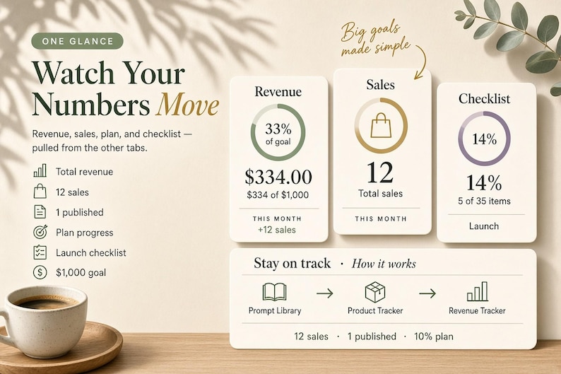 May include: A digital dashboard interface titled Watch Your Numbers Move, featuring three vertical cards displaying Revenue, Sales, and Checklist data with circular progress rings. Below, a horizontal bar explains the workflow process.