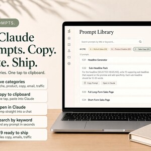 May include: A digital product display featuring a laptop screen showing a Prompt Library interface with categories for niche, product, sales copy, and email sequences. The text reads 119 Claude prompts. Copy. Paste. Ship. with five feature icons.