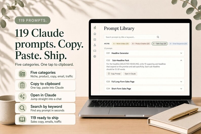 May include: A digital product display featuring a laptop screen showing a Prompt Library interface with categories for niche, product, sales copy, and email sequences. The text reads 119 Claude prompts. Copy. Paste. Ship. with five feature icons.
