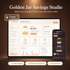 May include: A digital savings tracker interface displayed on a tablet and smartphone. The screen shows the Golden Jar Savings Studio app with a $6,290 total saved, a 52-week challenge progress bar, savings goals, and a no-spend streak indicator.