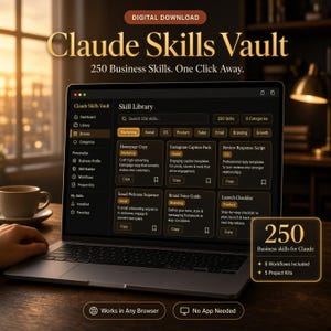 Może przedstawiać: Ekran laptopa z interfejsem Claude Skills Vault, zawierający bibliotekę 250 umiejętności biznesowych, kategorie i narzędzia do pracy. Tekst zawiera napisy Claude Skills Vault, 250 Business Skills. One Click Away oraz 250 Business skills for Claude.