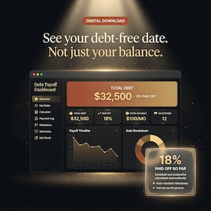 May include: A digital debt payoff dashboard interface featuring a dark theme with gold accents. The screen displays a total debt of $32,500, an 18% paid off status, a payoff timeline graph, a debt breakdown chart, and text: See your debt-free date. Not just your balance.
