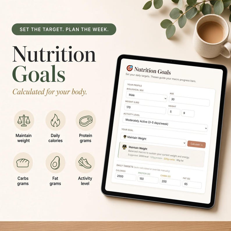 Pu&ograve; includere: Un tablet digitale che mostra un modulo per gli obiettivi nutrizionali con campi per sesso biologico, et&agrave;, peso, altezza e livello di attivit&agrave;. Lo schermo visualizza gli obiettivi giornalieri calcolati per calorie, proteine, carboidrati e grassi, con icone.
