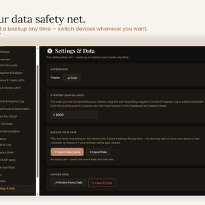 Settings and data page — your data safety net with export and backup any time, switch devices whenever you want, plus light and dark theme. Interactive small business bookkeeping template where your books stay private on your own device, offline accounting digital download for freelancers and self-employed owners, browser based, no cloud, no account.