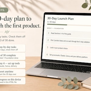 May include: A laptop displaying a 30-Day Launch Plan with a progress bar showing 3 of 30 days complete. The screen lists tasks including reading sections, picking product ideas, and setting up accounts. Text on the left outlines day-by-day tasks.