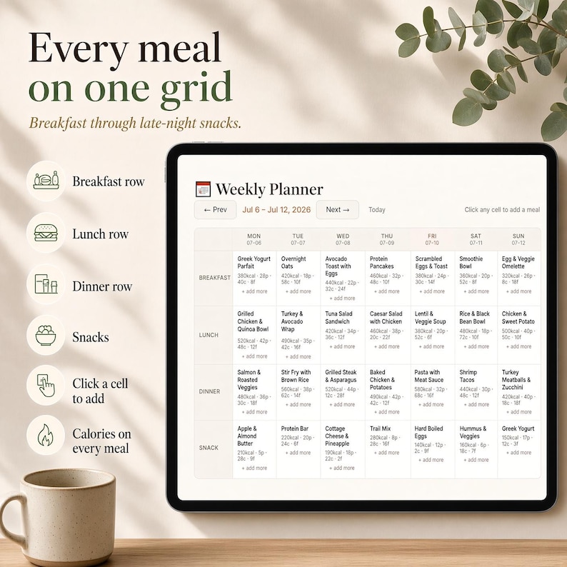 Pu&ograve; includere: Un pianificatore settimanale di pasti digitale visualizzato su uno schermo di tablet, con una griglia per colazione, pranzo, cena e spuntini dal 6 al 12 luglio 2026. L'interfaccia include conteggio calorico e nomi dei pasti.