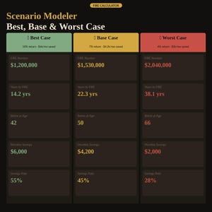 Scenario modeler comparing best, base and worst case side by side — FIRE number, years to FIRE, retire at age, monthly savings and savings rate for each return assumption. Interactive FIRE scenario planning inside the net worth tracker and early retirement calculator digital download, no app needed. Ideal for anyone tracking savings rate, net worth and retirement goals.