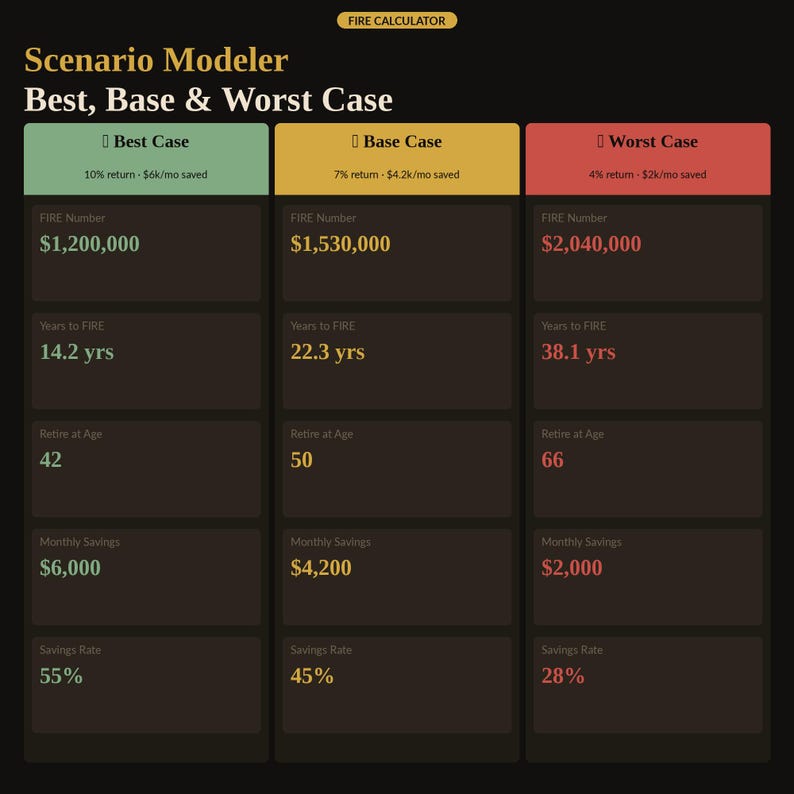 Scenario modeler comparing best, base and worst case side by side — FIRE number, years to FIRE, retire at age, monthly savings and savings rate for each return assumption. Interactive FIRE scenario planning inside the net worth tracker and early retirement calculator digital download, no app needed. Ideal for anyone tracking savings rate, net worth and retirement goals.