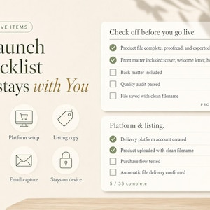 May include: A digital launch checklist graphic featuring the text Thirty-Five Items, A Launch Checklist that stays with You, Check off before you go live, and Platform & listing. It includes icons for product files, platform setup, and listing copy.