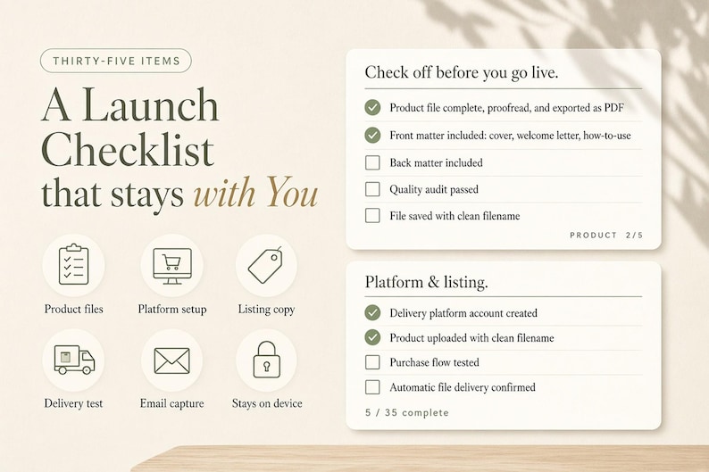 May include: A digital launch checklist graphic featuring the text Thirty-Five Items, A Launch Checklist that stays with You, Check off before you go live, and Platform & listing. It includes icons for product files, platform setup, and listing copy.