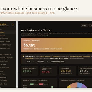 Bookkeeping template dashboard showing your whole business in one glance — net profit, income, expenses, cash balance, expense categories and monthly trend charts, all live. Interactive small business accounting template with automatic totals for freelancers, self-employed owners, Etsy shops and side hustles, a QuickBooks alternative you own outright, bookkeeping digital download, browser based, no app or subscription needed.