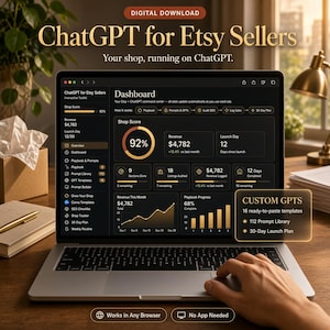 May include: A laptop screen displaying a digital dashboard titled ChatGPT for Etsy Sellers. The interface shows a 92% shop score, revenue of $4,782, and various navigation tabs including Playbook, Prompts & GPTs, and Audit SEO. A text box highlights 16 custom GPTs, 112 prompt library, and a 30-day launch plan.