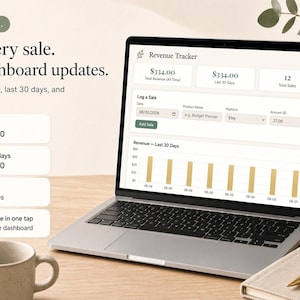 May include: A laptop displaying a Revenue Tracker dashboard with fields for logging sales, including date, product name, platform, and amount. The screen shows total revenue of $334.00, 12 total sales, and a bar chart for revenue over the last 30 days.