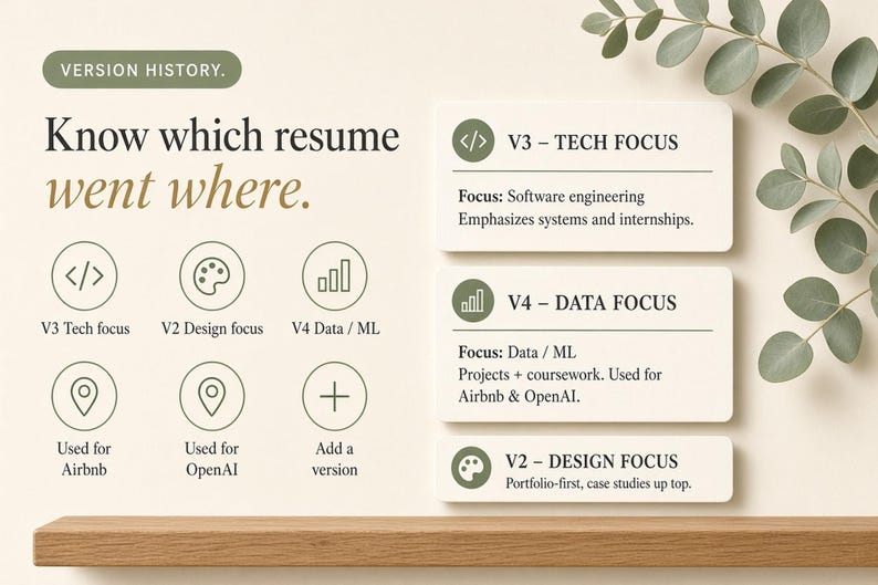 May include: A version history infographic titled Know which resume went where. It features circular icons for V3 Tech focus, V2 Design focus, V4 Data / ML, Airbnb, OpenAI, and Add a version. Three rectangular cards detail V3 Tech, V4 Data, and V2 Design.
