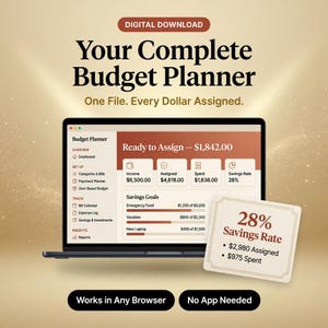 Puede incluir: Un planificador de presupuesto digital en la pantalla de una computadora portátil con el texto Your Complete Budget Planner, One File. Every Dollar Assigned. La interfaz muestra datos financieros, metas de ahorro y una tasa del 28%.
