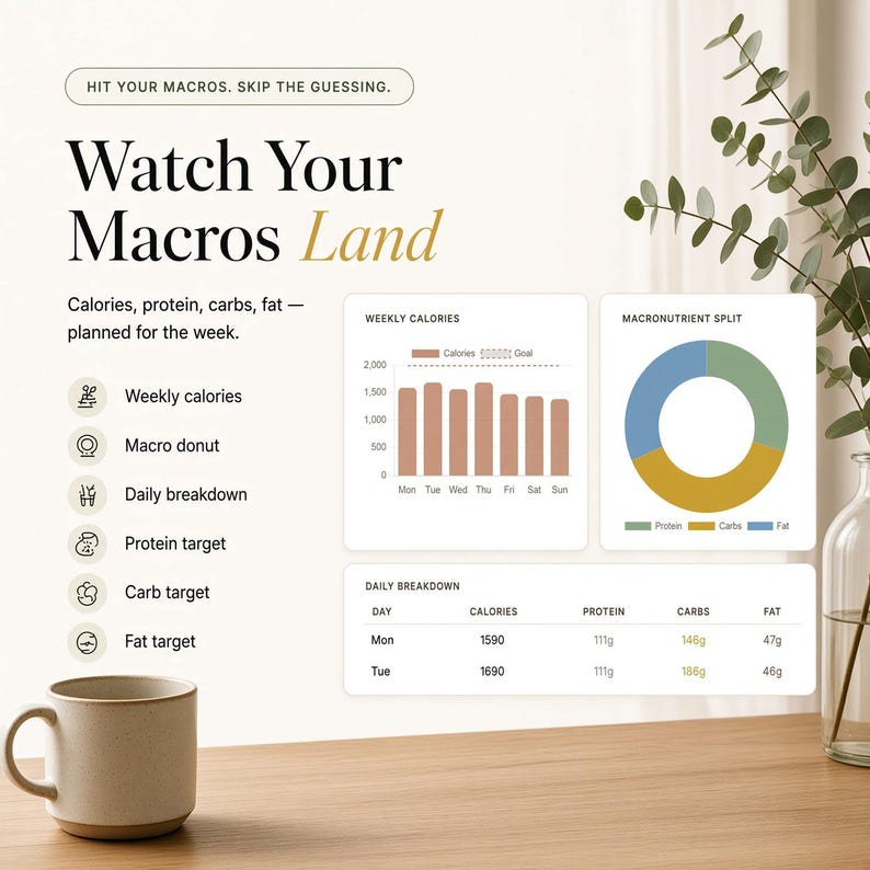 Pu&ograve; includere: Una dashboard digitale intitolata Watch Your Macros Land che mostra grafici a barre delle calorie settimanali, un grafico a ciambella dei macronutrienti e una tabella di ripartizione giornaliera. Include una tazza beige e un vaso di vetro.