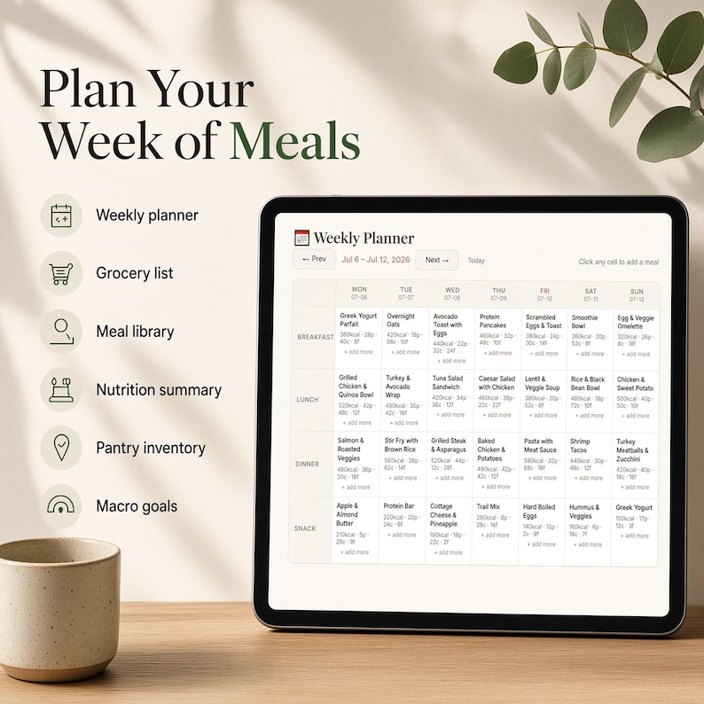 Pu&ograve; includere: Un tablet digitale che mostra un'interfaccia di pianificazione dei pasti settimanale con colonne per i giorni e righe per i pasti. Lo schermo mostra il testo Plan Your Week of Meals, Weekly planner, Grocery list, Meal library, Nutrition summary, Pantry inventory e Macro goals.