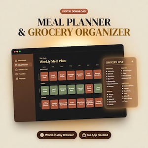 May include: A digital meal planner and grocery organizer interface featuring a weekly schedule grid with color-coded meal blocks for breakfast, lunch, and dinner, alongside a separate grocery list panel. Text includes Meal Planner & Grocery Organizer.