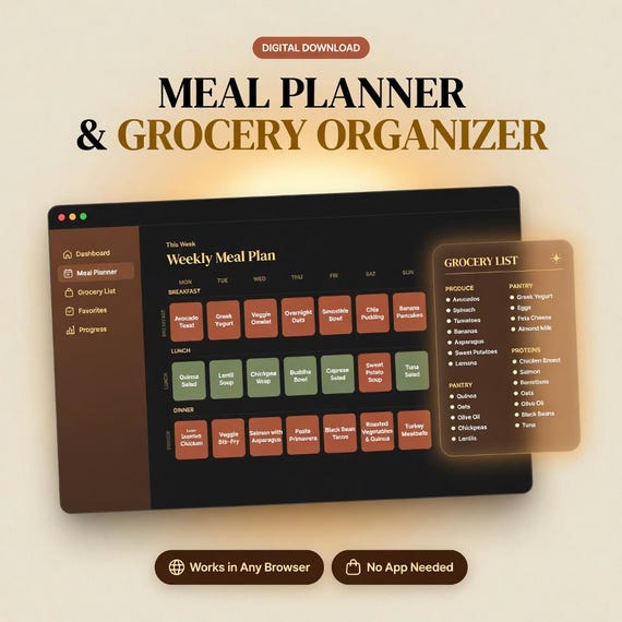 Interactive Meal Planner Grocery Organizer Weekly Meal Prep Planner Recipe Nutrition Tracker Browser Tool No App Needed