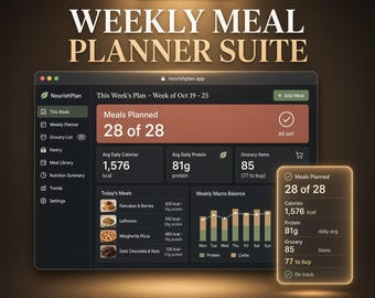 May include: A digital weekly meal planner interface titled Weekly Meal Planner Suite. The dashboard displays meal counts, calorie and protein averages, a grocery list, and a weekly macro balance chart with a dark theme and gold accents.