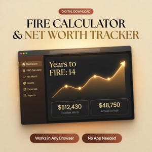 May include: A digital Fire Calculator and Net Worth Tracker interface displayed on a screen. The dashboard shows a glowing gold line graph, a total net worth of $512,430, annual savings of $48,750, and a projection of 14 years to FIRE.
