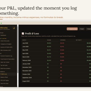 Profit and loss statement updated the moment you log something — twelve months of income minus expenses calculated automatically, no formulas to break. Interactive P&L and income statement tracker inside the small business bookkeeping template for freelancers, contractors and side hustles to see real profitability, accounting digital download, browser based.