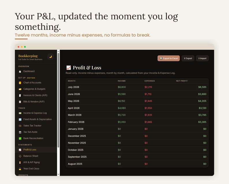 Profit and loss statement updated the moment you log something — twelve months of income minus expenses calculated automatically, no formulas to break. Interactive P&L and income statement tracker inside the small business bookkeeping template for freelancers, contractors and side hustles to see real profitability, accounting digital download, browser based.