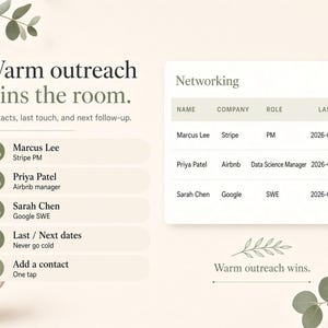 May include: A digital interface display featuring the text Warm outreach wins the room and a networking table with columns for name, company, role, last, and next dates. The layout includes contact entries for Marcus Lee, Priya Patel, and Sarah Chen.