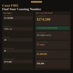 Coast FIRE calculator to find your coasting number — target FIRE number, expected return, current age and target retirement age produce your Coast FIRE result, stop saving age, years until retirement, projected portfolio at 65 and savings freed per year. Interactive Coast FIRE tool inside the net worth tracker digital download. Ideal for FIRE movement followers, early retirees and personal investors.
