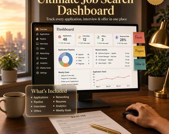 Può includere: Una dashboard digitale per la ricerca di lavoro visualizzata su un monitor, con pipeline delle candidature, obiettivi settimanali e attività recente. Lo schermo mostra dati su candidature, colloqui e offerte, con un curriculum e una penna.