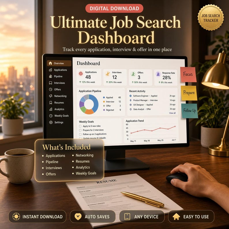 May include: A digital download Ultimate Job Search Dashboard displayed on a computer monitor, featuring an application pipeline, weekly goals, and recent activity. The screen shows data for applications, interviews, and offers. Includes a resume and pen.